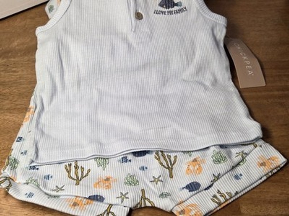 Chickpea Baby Boy 3 Piece Outfit Set 24M Tank Shorts Hat Ocean Print NWT
